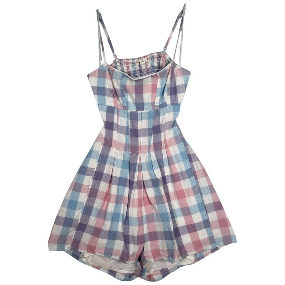 Klesis Pastel Gingham Romper Small Blue Pink Plaid Open Back Cotton IR1942